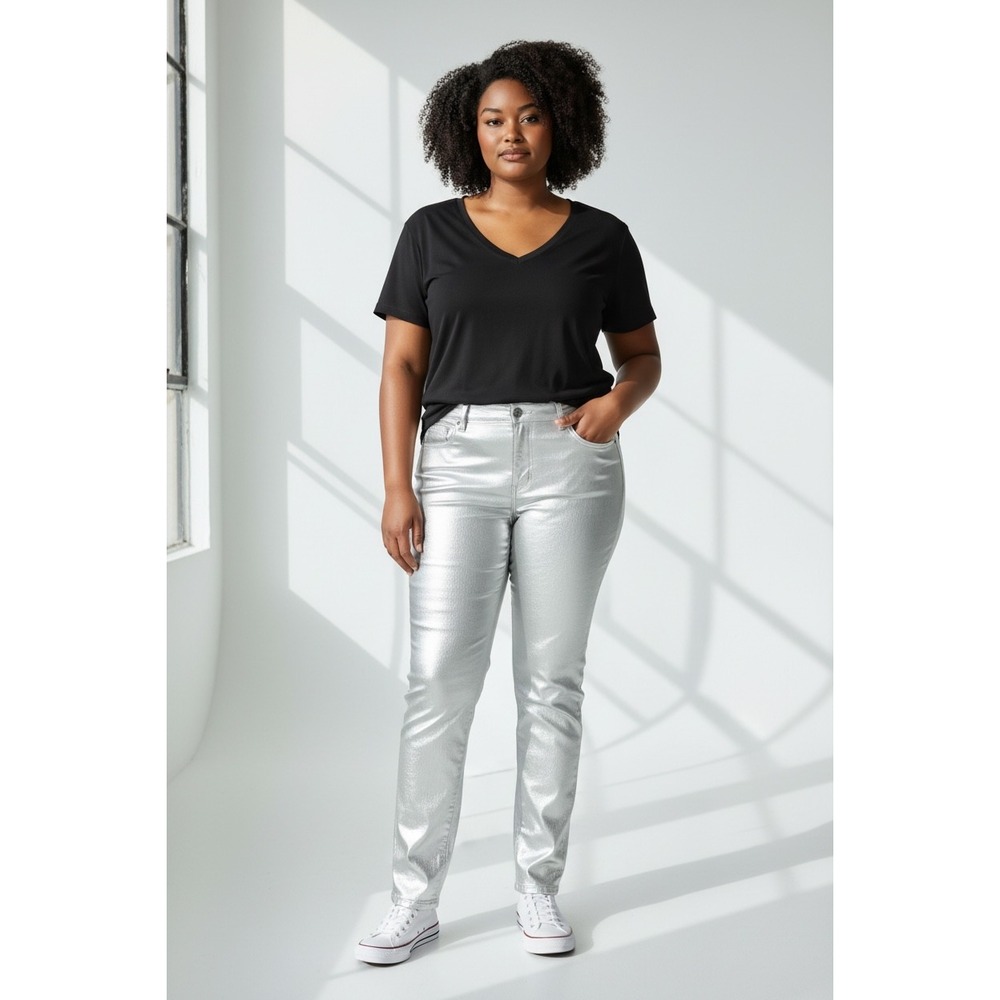 Ashley Stewart Metallic Silver Skinny Jeans Plus Size 18 High Rise Stretch
